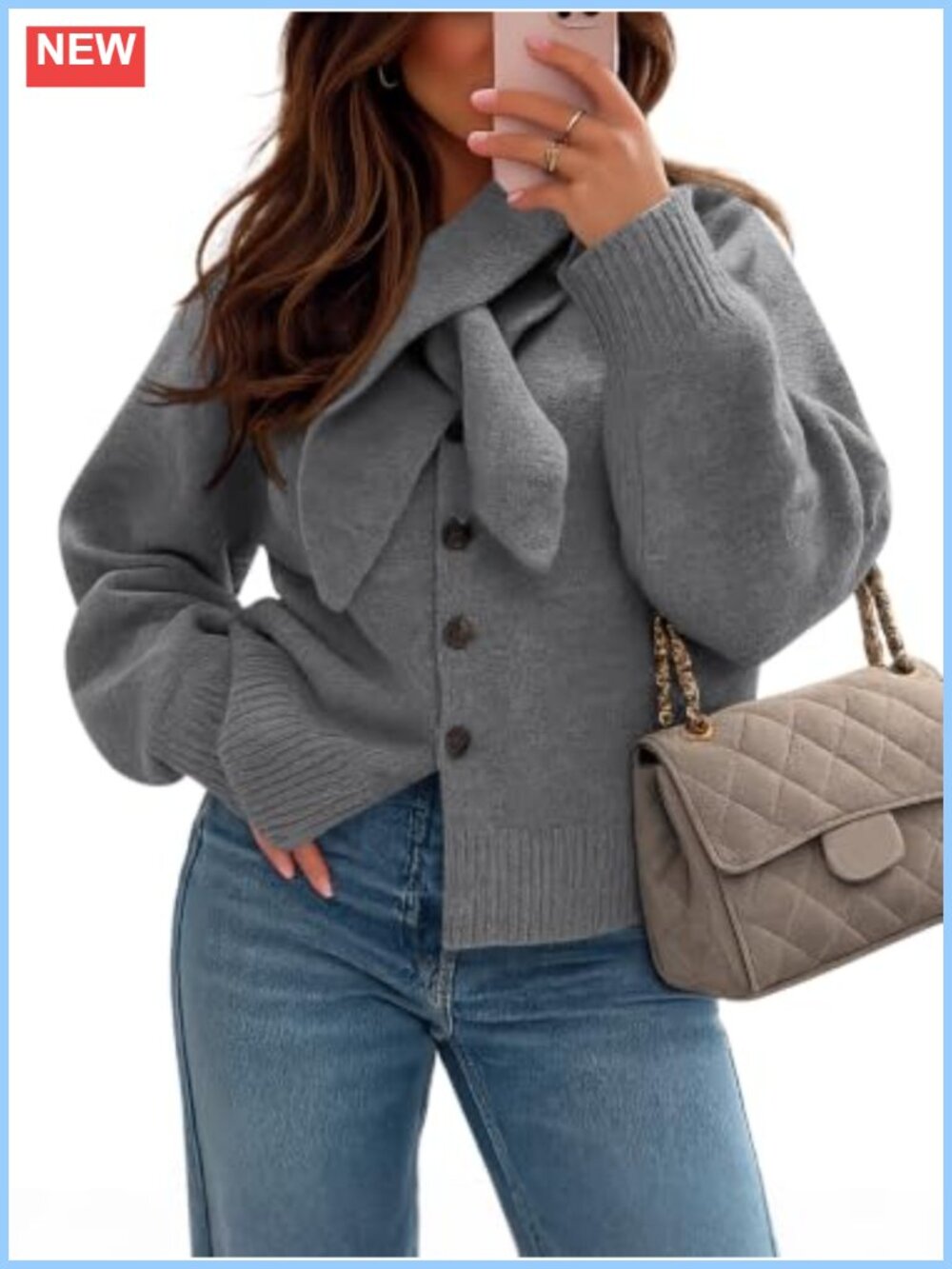 Womens Chunky Cardigan Sweater with Detachable Scarf V Neck Button Down